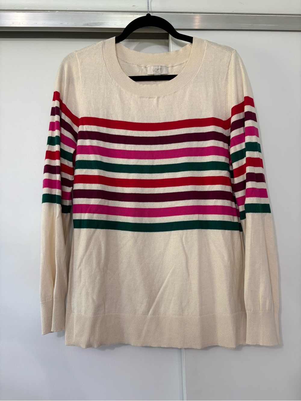 LOFT women’s size large Cream Crewneck Sweater with Pink, Green & Red Stripes